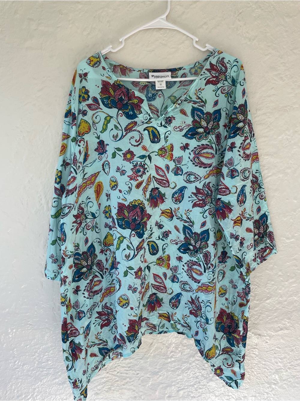 Potpourri teal floral 3/4 sleeve asymmetrical side hem cotton tunic; 2X